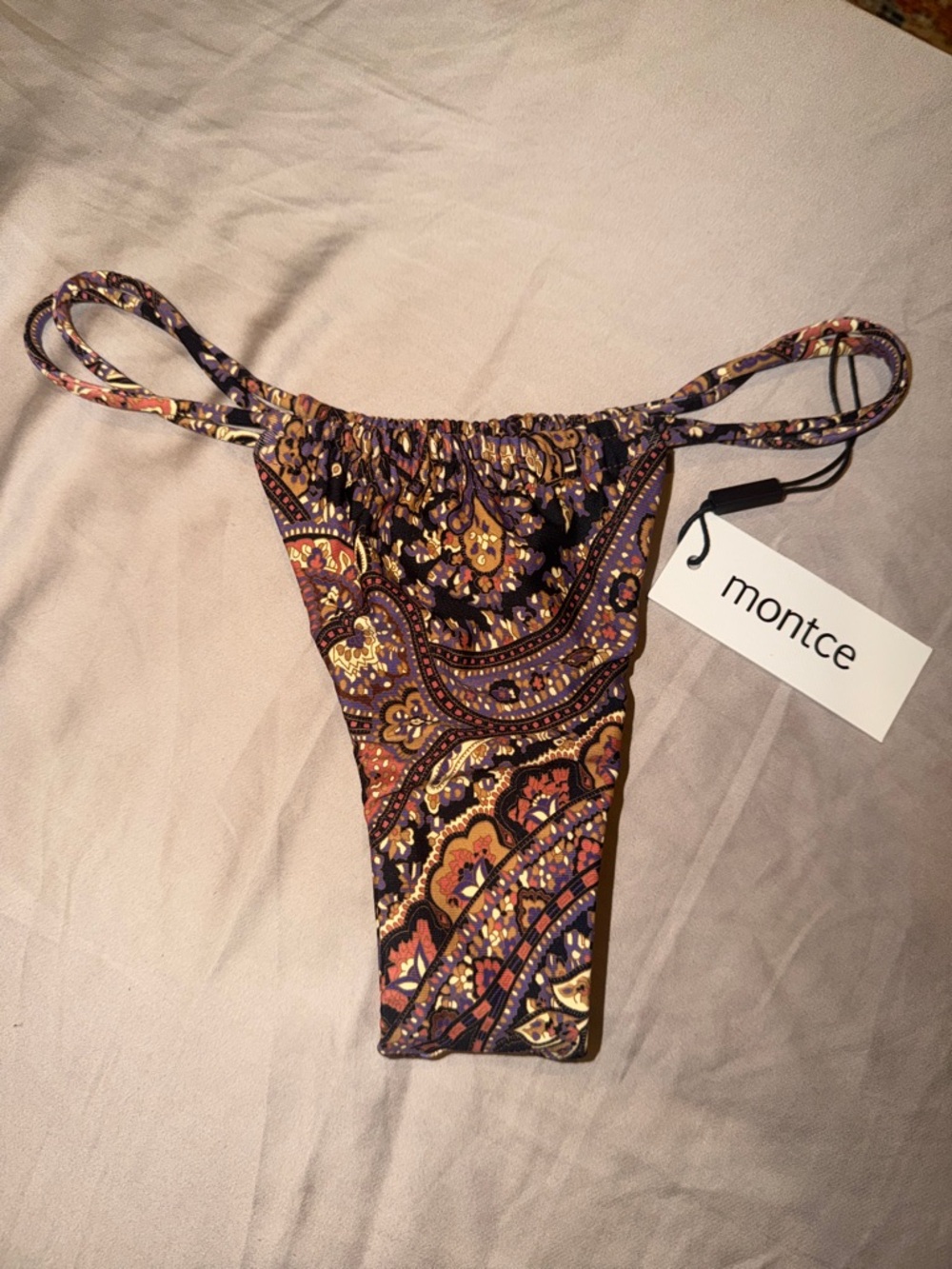Montce Paisley-Print High-Cut Bikini Bottom in Purple and Gold